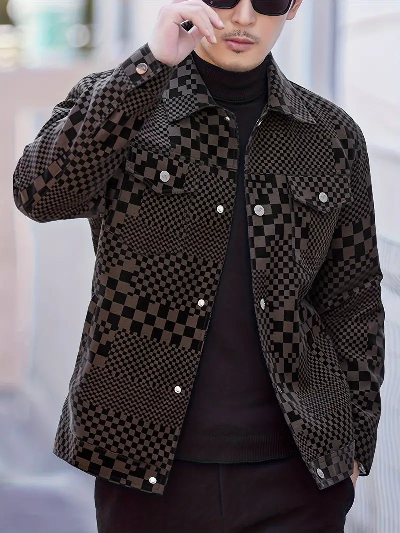 Mens Casual Checkerboard Pattern PU Leather Jacket i Supply Solutions NZ