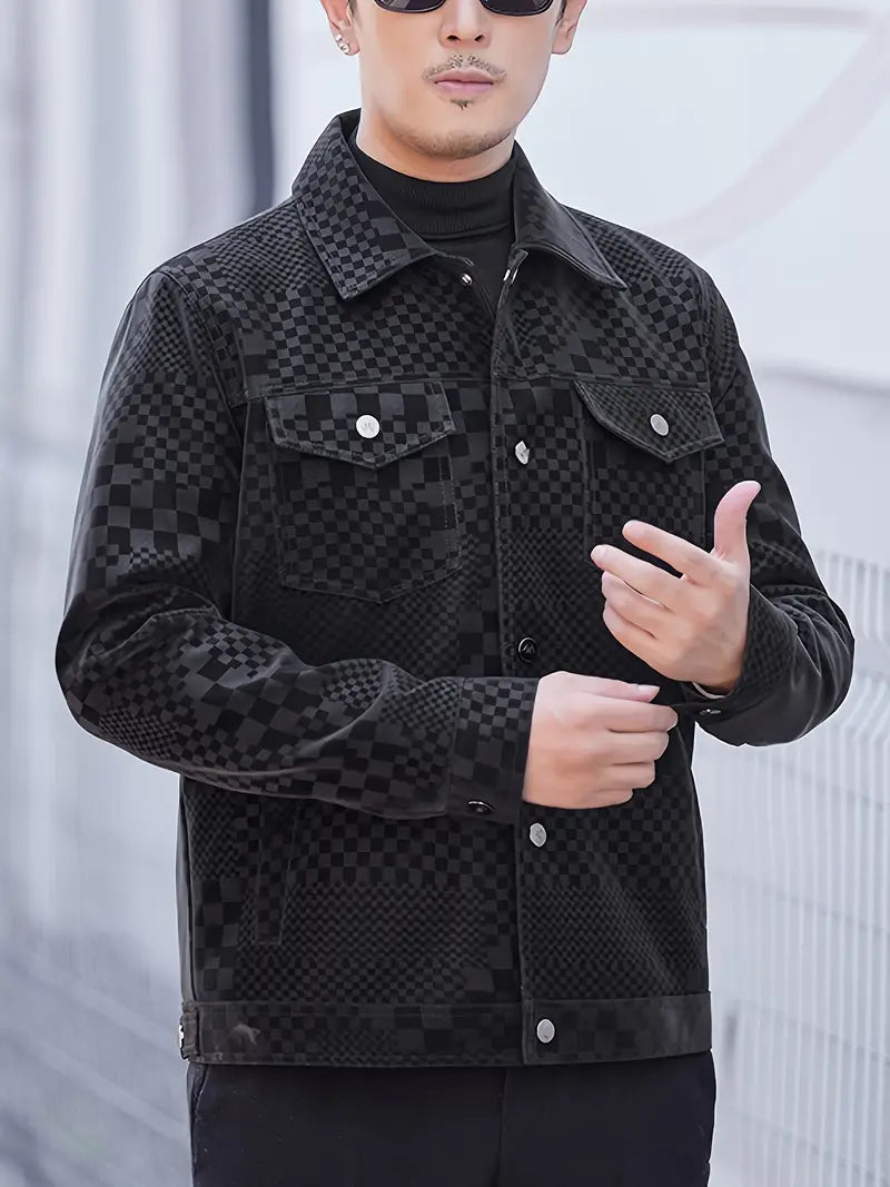 Mens Casual Checkerboard Pattern PU Leather Jacket i Supply Solutions NZ