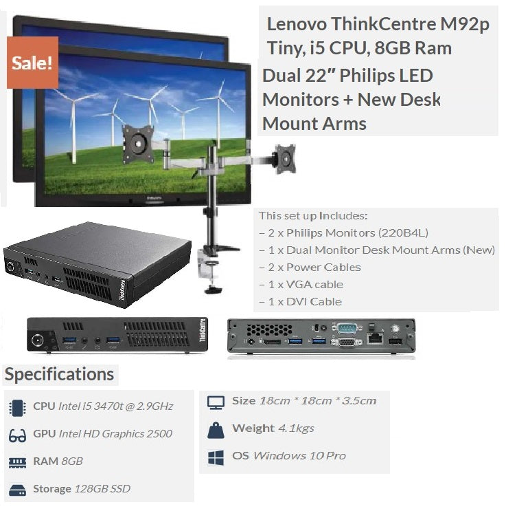 Lenovo Thinkcentre M92p Tiny i5 CPU 8GB Ram Dual 22inch Phillips LED Monitors + New Desk Mount Arms (AS NEW) (6837777662104)