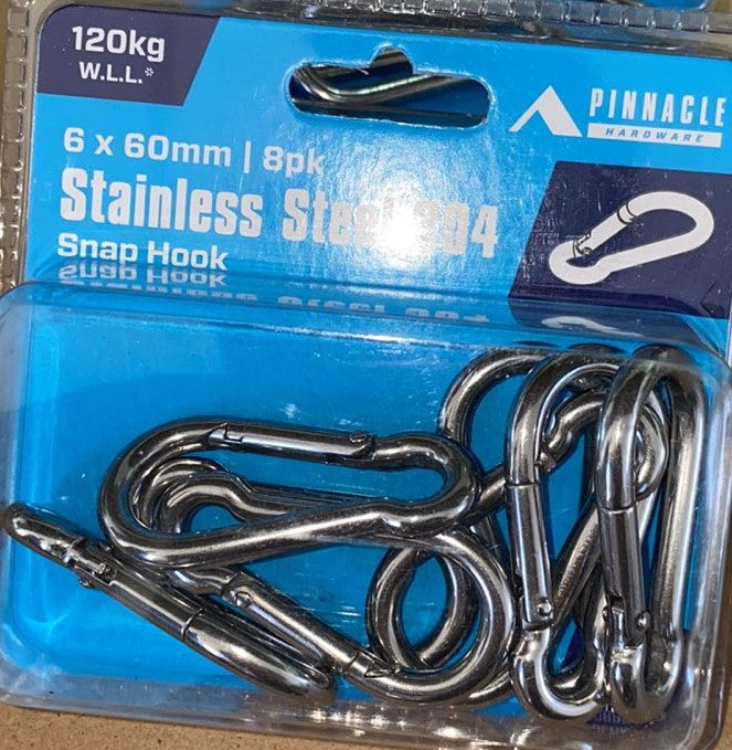Snap Hook 6 x 60mm SS - 8 Pack (6689038762136)